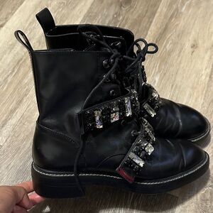 Zara Black Lace-Up Combat Boots with Crystal Straps